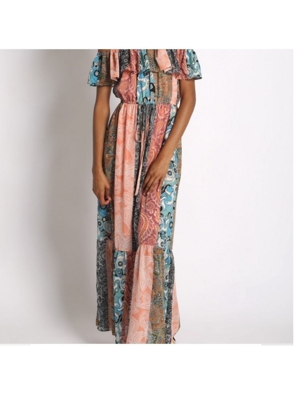 BOHO OFF SHOULDER PATCH PRINT MAXI DRESS Flounce Tie Waist Sz: L - Picture 4 of 6
